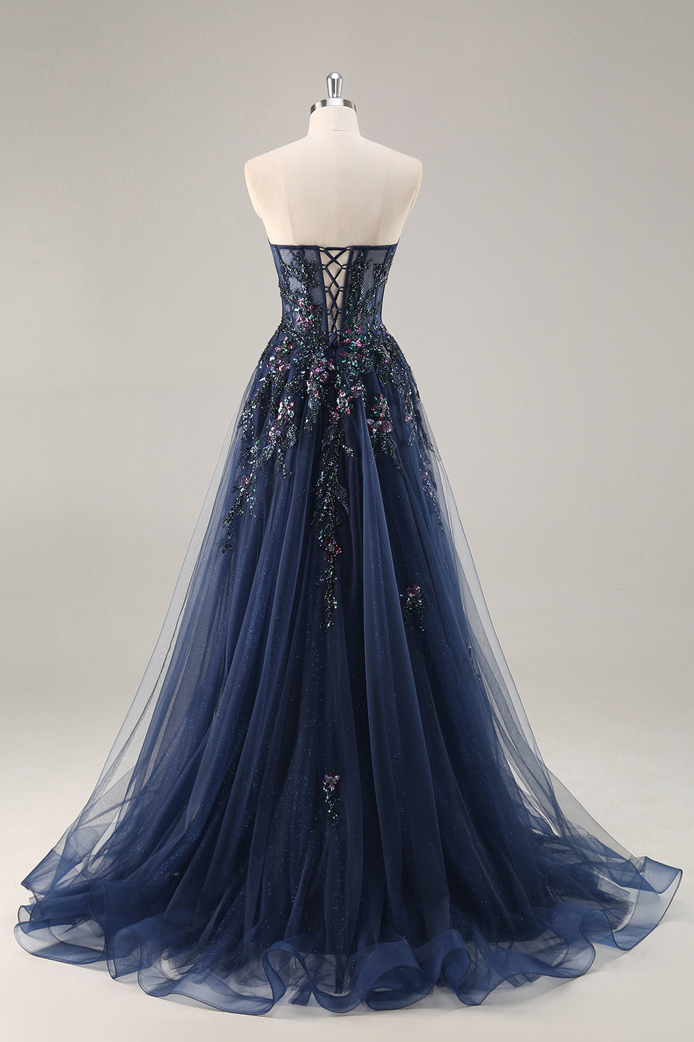 Zapaka Women Navy Strapless Long Prom Dress With Slit A Line Sequins Tulle Corset Wedding Party Dress, Navy / US10 Zapaka Women Navy Strapless Long Prom Dress With Slit A Line Sequins Tulle Corset Wedding Party Dress, Navy / US10
