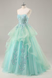 Strapless A Line Green Corset Long Prom Dress with Sequins