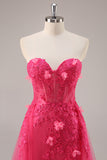 Fuchsia Corset Slit Strapless Long Prom Dress with Appliques