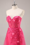 Fuchsia Corset Slit Strapless Long Prom Dress with Appliques