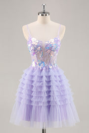 Purple Tulle Tiered A Line Homecoming Dress with Appliques