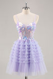 Purple Tulle Tiered A Line Homecoming Dress with Appliques