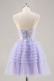Purple Tulle Tiered A Line Homecoming Dress with Appliques