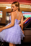 Purple Tulle Tiered A Line Homecoming Dress with Appliques