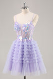 Purple Tulle Tiered A Line Homecoming Dress with Appliques