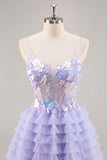 Purple Tulle Tiered A Line Homecoming Dress with Appliques