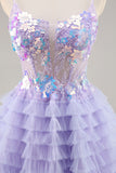 Purple Tulle Tiered A Line Homecoming Dress with Appliques