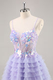 Purple Tulle Tiered A Line Homecoming Dress with Appliques