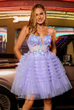 Purple Tulle Tiered A Line Homecoming Dress with Appliques