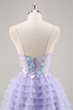 Purple Tulle Tiered A Line Homecoming Dress with Appliques