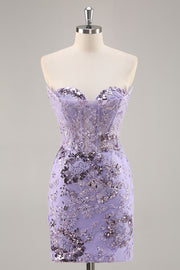 Strapless Beaded Bodycon Purple Homecoming Dress with Appliques