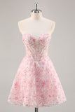 Pink Corset A Line Strapless Homecoming Dress with Appliques