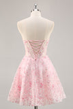 Pink Corset A Line Strapless Homecoming Dress with Appliques