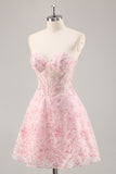 Pink Corset A Line Strapless Homecoming Dress with Appliques