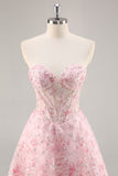 Pink Corset A Line Strapless Homecoming Dress with Appliques