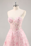 Pink Corset A Line Strapless Homecoming Dress with Appliques