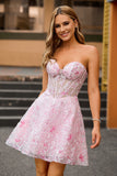 Corset Strapless A Line Pink Floral Homecoming Dress with Appliques
