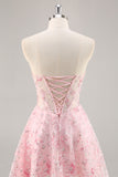 Pink Corset A Line Strapless Homecoming Dress with Appliques