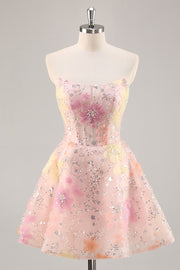 Floral Corset Sequin Strapless Pink Homecoming Dress
