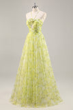 Yellow Green Floral A Line Cut Out Long Prom Dress