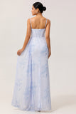 Blue Floral Spaghetti Straps Corset Fitted Long Bridesmaid Dress with Slit