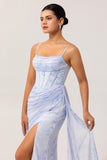 Blue Floral Spaghetti Straps Corset Fitted Long Bridesmaid Dress with Slit