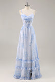 Blue Floral A Line Spaghetti Straps Corset Chiffon Long Bridesmaid Dress with Slit