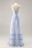 Blue Floral A Line Spaghetti Straps Corset Chiffon Long Bridesmaid Dress with Slit
