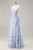 Blue Floral A Line Spaghetti Straps Corset Chiffon Long Bridesmaid Dress with Slit