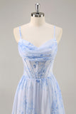 Blue Floral A Line Spaghetti Straps Corset Chiffon Long Bridesmaid Dress with Slit
