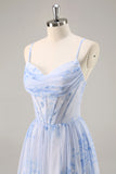 Blue Floral A Line Spaghetti Straps Corset Chiffon Long Bridesmaid Dress with Slit
