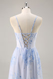 Blue Floral A Line Spaghetti Straps Corset Chiffon Long Bridesmaid Dress with Slit