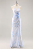 Blue Floral Ruched Chiffon Long Bridesmaid Dress with Slit