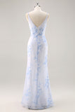 Blue Floral Ruched Chiffon Long Bridesmaid Dress with Slit