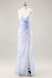 Blue Floral Ruched Chiffon Long Bridesmaid Dress with Slit