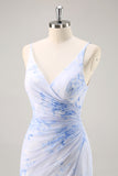 Blue Floral Ruched Chiffon Long Bridesmaid Dress with Slit