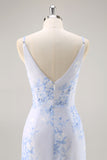 Blue Floral Ruched Chiffon Long Bridesmaid Dress with Slit