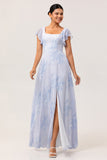 Blue Floral Square Neck A Line Long Bridesmaid Dress with Slit