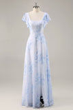 Blue Floral Scoop Neck Chiffon Long Bridesmaid Dress with Ruffles