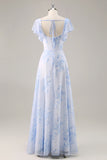 Blue Floral Scoop Neck Chiffon Long Bridesmaid Dress with Ruffles