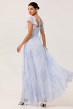 Blue Floral Square Neck A Line Long Bridesmaid Dress with Slit