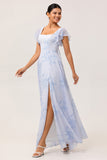 Blue Floral Square Neck A Line Long Bridesmaid Dress with Slit