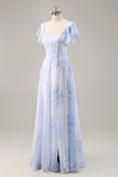 Blue Floral Scoop Neck Chiffon Long Bridesmaid Dress with Ruffles