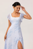 Blue Floral Square Neck A Line Long Bridesmaid Dress with Slit