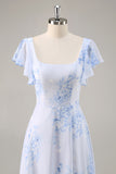 Blue Floral Scoop Neck Chiffon Long Bridesmaid Dress with Ruffles