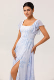 Blue Floral Square Neck A Line Long Bridesmaid Dress with Slit