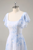 Blue Floral Scoop Neck Chiffon Long Bridesmaid Dress with Ruffles