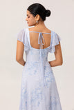 Blue Floral Square Neck A Line Long Bridesmaid Dress with Slit