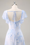 Blue Floral Scoop Neck Chiffon Long Bridesmaid Dress with Ruffles