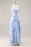 Blue Floral A Line Chiffon Long Bridesmaid Dress with Ruffles